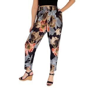 Patchington black pink tropical floral print drawstring tapered ankle pants L/XL